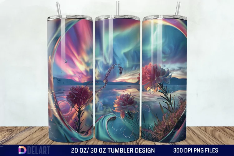 3D Northern Lights Flower Tumbler Wrap