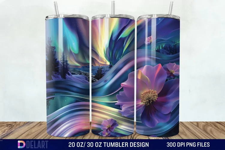 3D Northern Lights Flower Tumbler Wrap