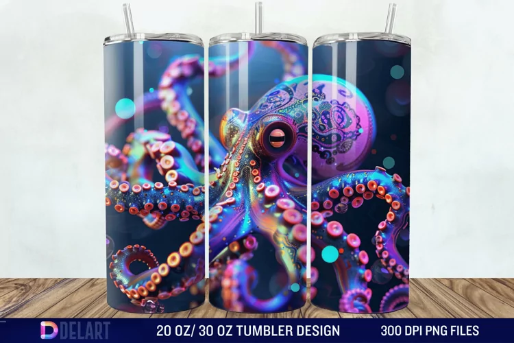 3D Octopus Neon Tumbler Wrap