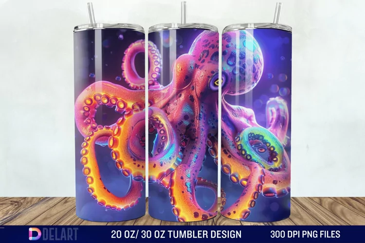3D Octopus Neon Tumbler Wrap