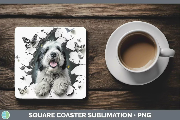 3D Old English Sheepdog Square Coaster | Sublimation Coaster