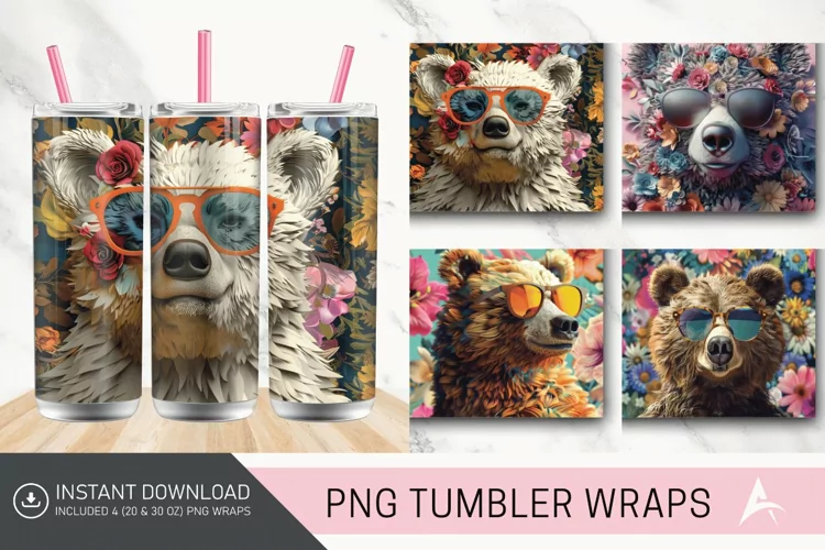 3D Old Fashion Floral Bear in sunglasses Tumbler wrap