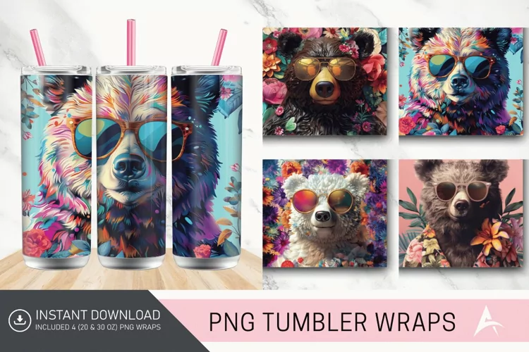 3D Old Fashion Floral Bear in sunglasses Tumbler wrap