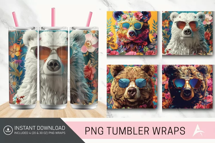 3D Old Fashion Floral Bear in sunglasses Tumbler wrap