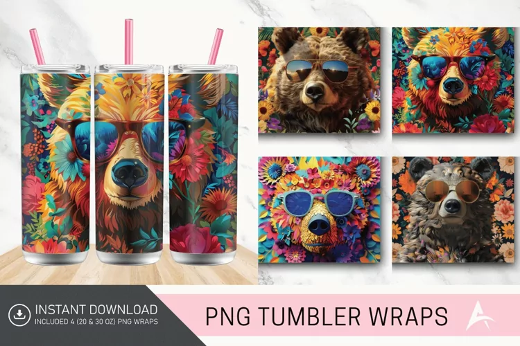 3D Old Fashion Floral Bear in sunglasses Tumbler wrap