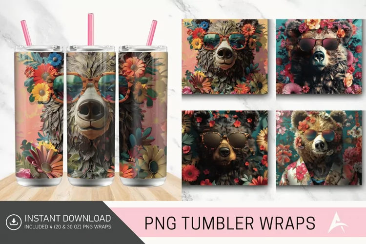3D Old Fashion Floral Bear in sunglasses Tumbler wrap