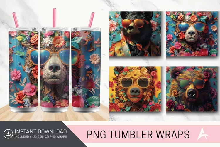 3D Old Fashion Floral Bear in sunglasses Tumbler wrap