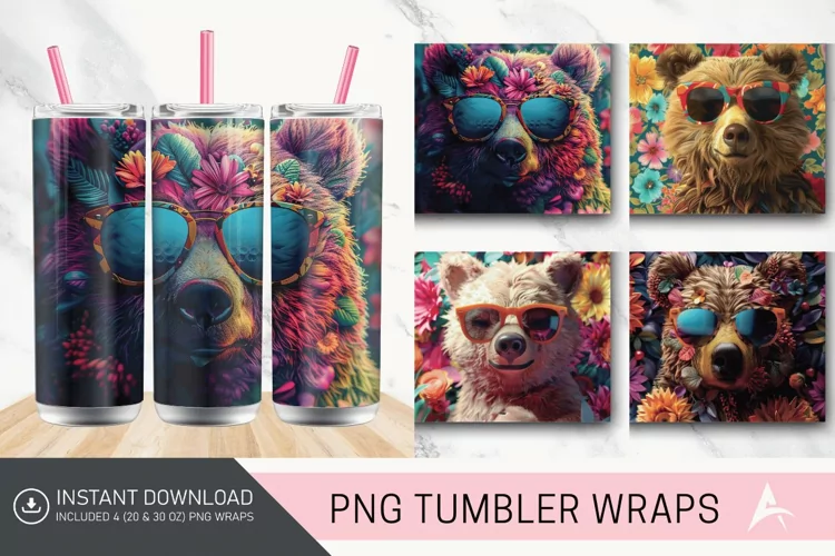 3D Old Fashion Floral Bear in sunglasses Tumbler wrap