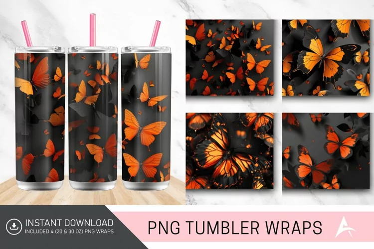 3D Orange Black Butterflies Tumbler Wrap
