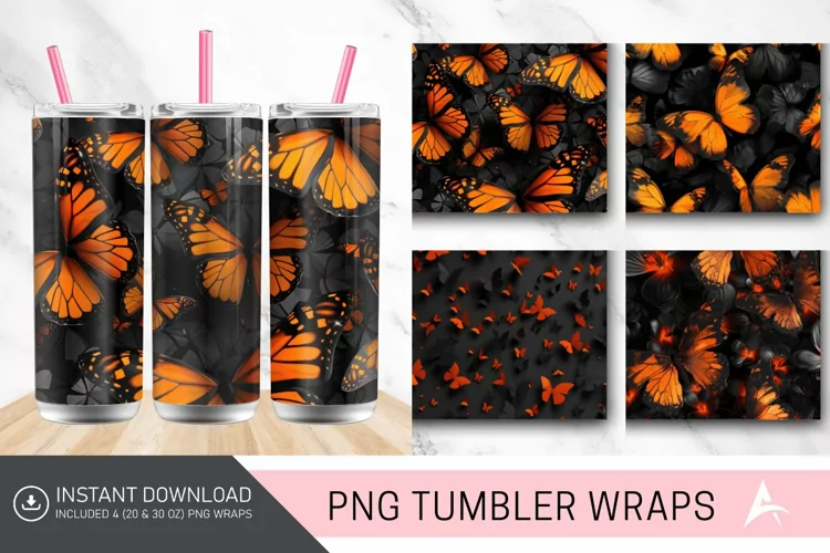3D Orange Black Butterflies Tumbler Wrap