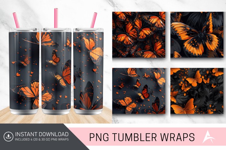3D Orange Black Butterflies Tumbler Wrap example image 1