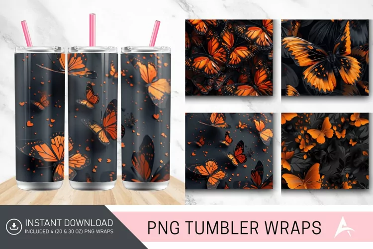 3D Orange Black Butterflies Tumbler Wrap