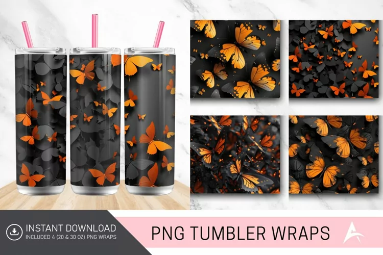 3D Orange Black Butterflies Tumbler Wrap