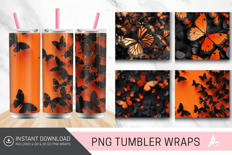 3D Orange Black Butterflies Tumbler Wrap