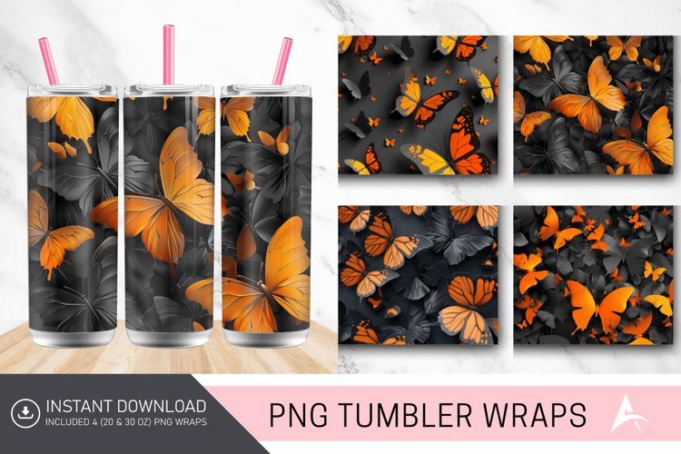 3D Orange Black Butterflies Tumbler Wrap example image 1