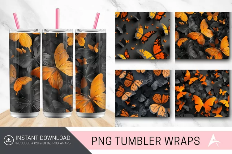 3D Orange Black Butterflies Tumbler Wrap