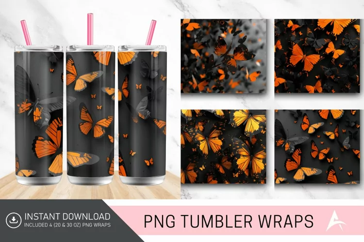 3D Orange Black Butterflies Tumbler Wrap