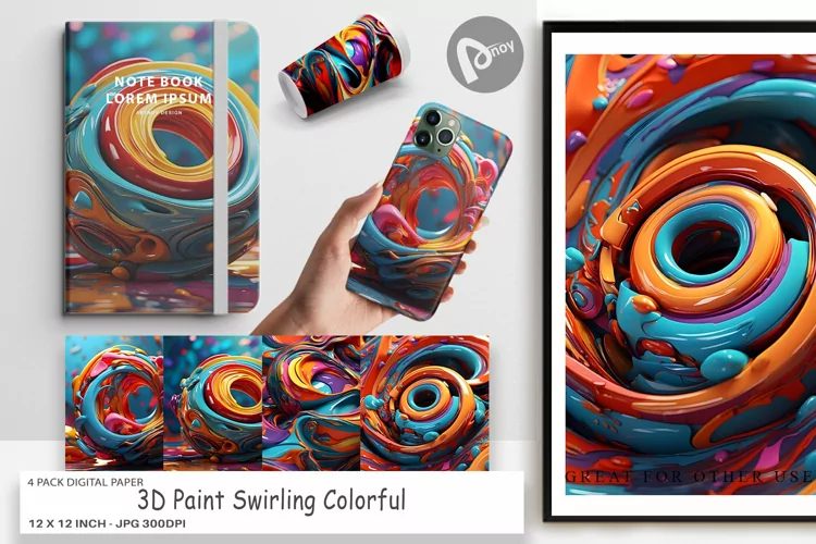 Digital Paper 3D Paint Swirling Colorful