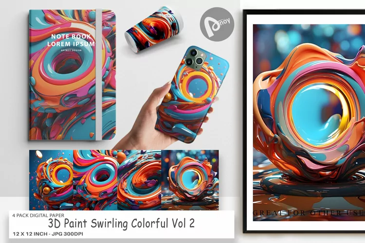 Digital Paper 3D Paint Swirling Colorful