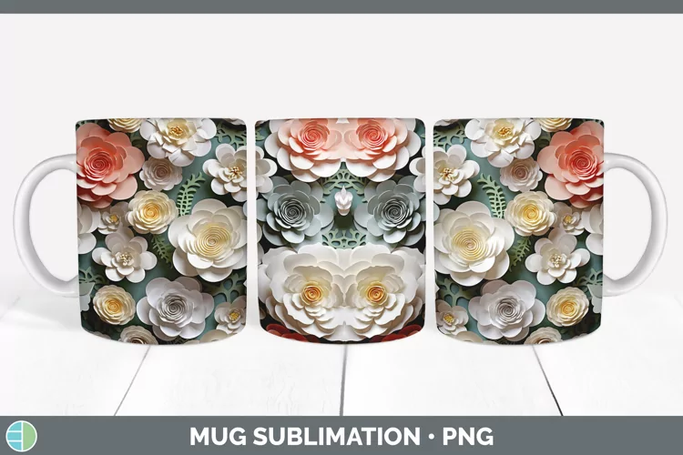 3D Paper Camellia Flowers Mug Wrap | Sublimation Coffee Cup
