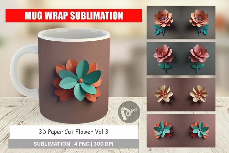 Mug Wrap Design 3D Paper Cut Flower