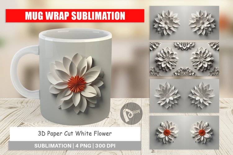 Mug Wrap Design 3D Paper Cut White Flower