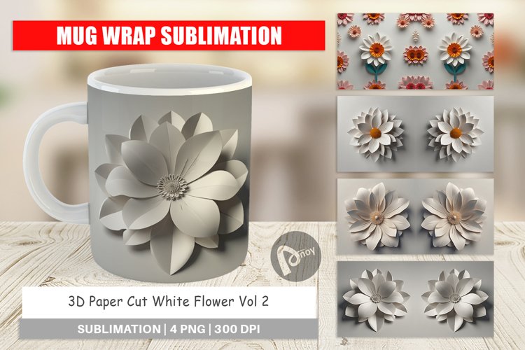 Mug Wrap Design 3D Paper Cut White Flower