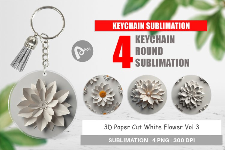 Keychain 3D Paper Cut White Flower example image 1