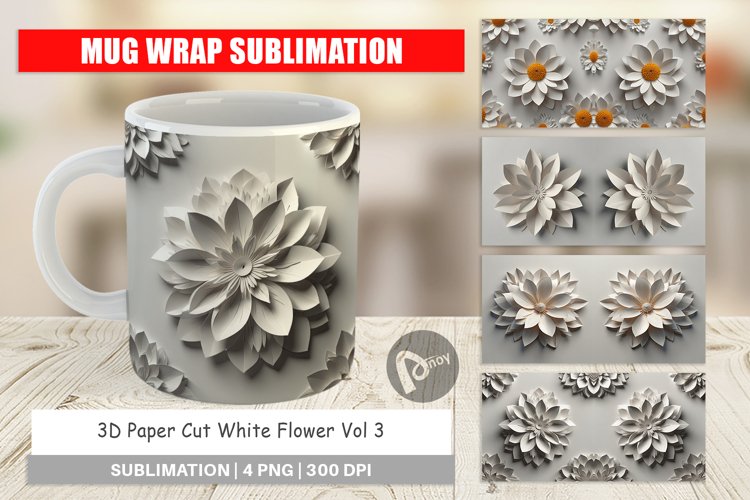 Mug Wrap Design 3D Paper Cut White Flower example image 1