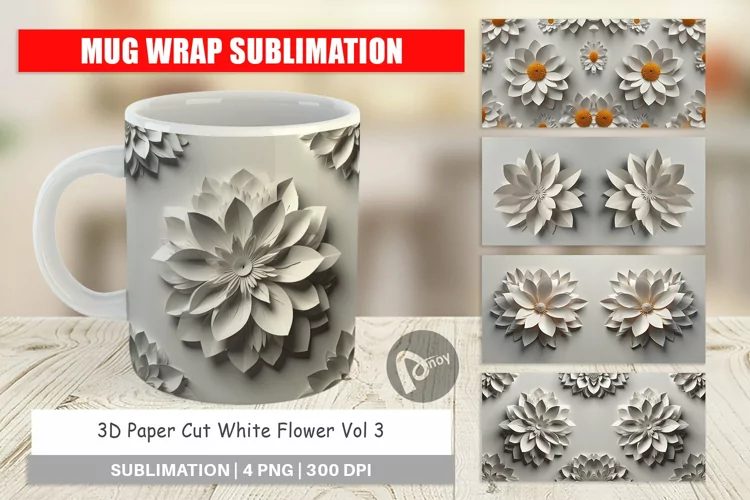 Mug Wrap Design 3D Paper Cut White Flower