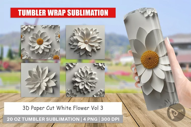 Tumbler Wrap 3D Paper Cut White Flower