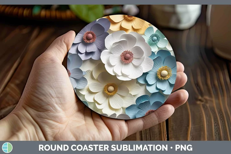3D Paper Flowers Anemone Round Coaster Sublimation Coaster D