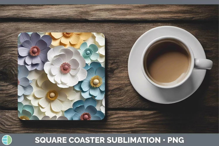 3D Paper Flowers Anemone Square Coaster Sublimation Coaster