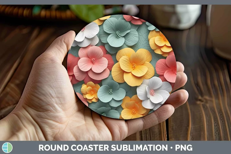 3D Paper Flowers Begonia Round Coaster Sublimation Coaster D