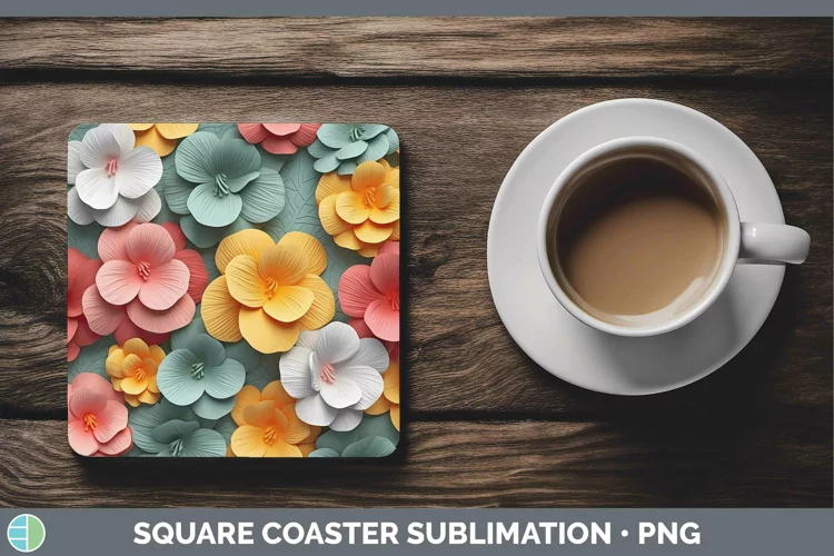 3D Paper Flowers Begonia Square Coaster Sublimation Coaster