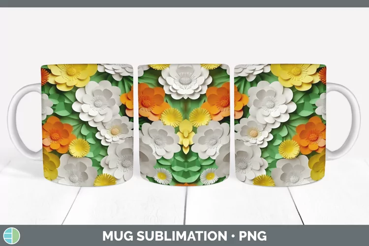 3D Paper Flowers Buttercup Mug Wrap Sublimation Coffee Cup D