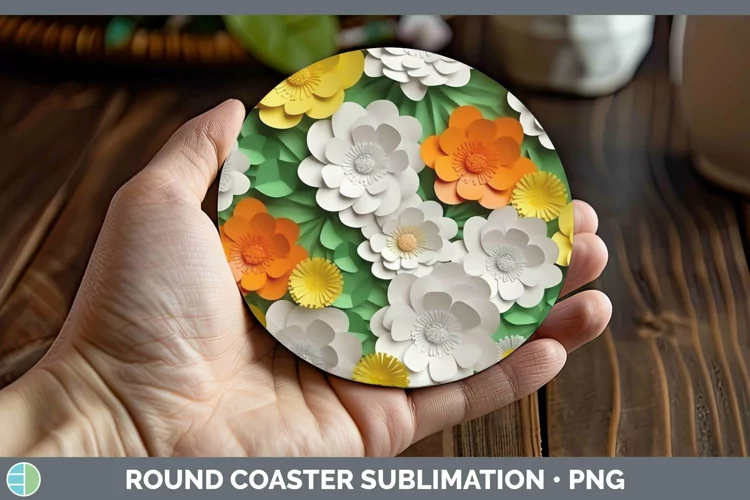 3D Paper Flowers Buttercup Round Coaster Sublimation Coaster