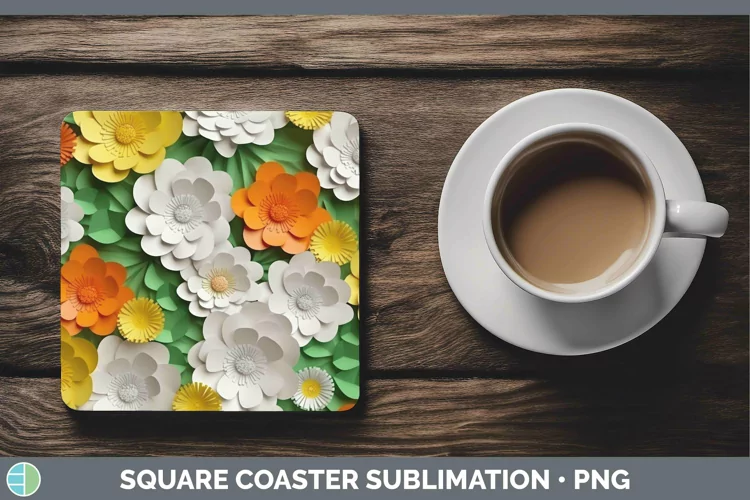 3D Paper Flowers Buttercup Square Coaster Sublimation Coaste