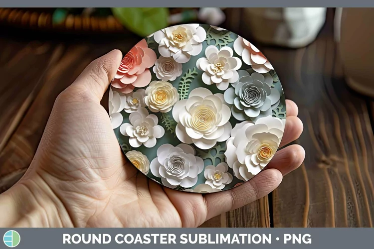 3D Paper Flowers Camellia Round Coaster Sublimation Coaster