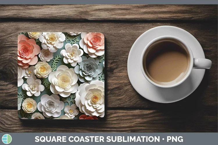 3D Paper Flowers Camellia Square Coaster Sublimation Coaster