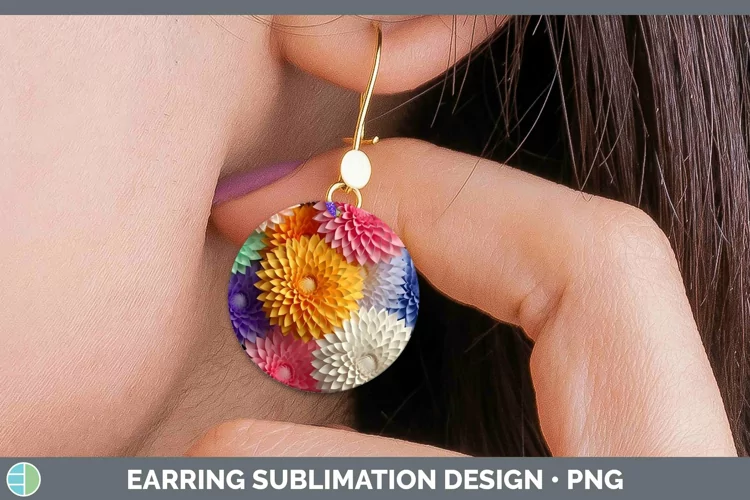 3D Paper Flowers Chrysanthemum Round Earrings Sublimation Ea
