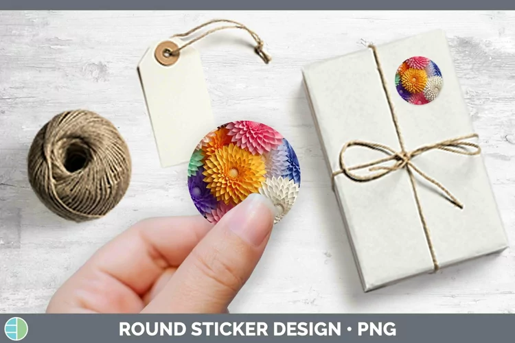 3D Paper Flowers Chrysanthemum Stickers | Round Labels Desig