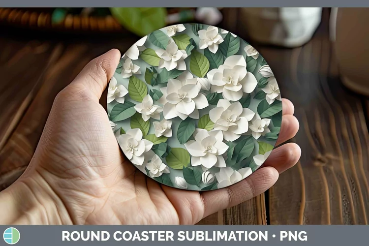 3D Paper Flowers Gardenia Round Coaster Sublimation Coaster
