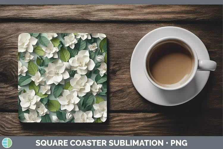 3D Paper Flowers Gardenia Square Coaster Sublimation Coaster