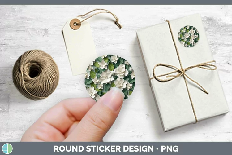 3D Paper Flowers Gardenia Stickers | Round Labels Designs