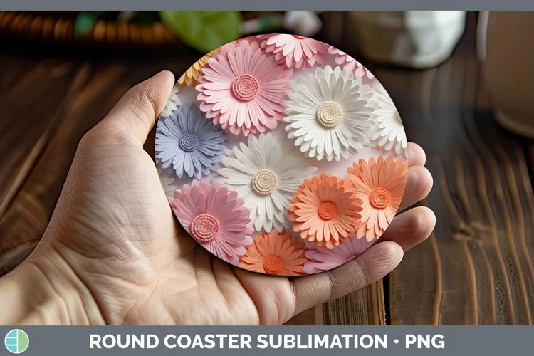 3D Paper Flowers Gerbera Daisy Round Coaster Sublimation Coa