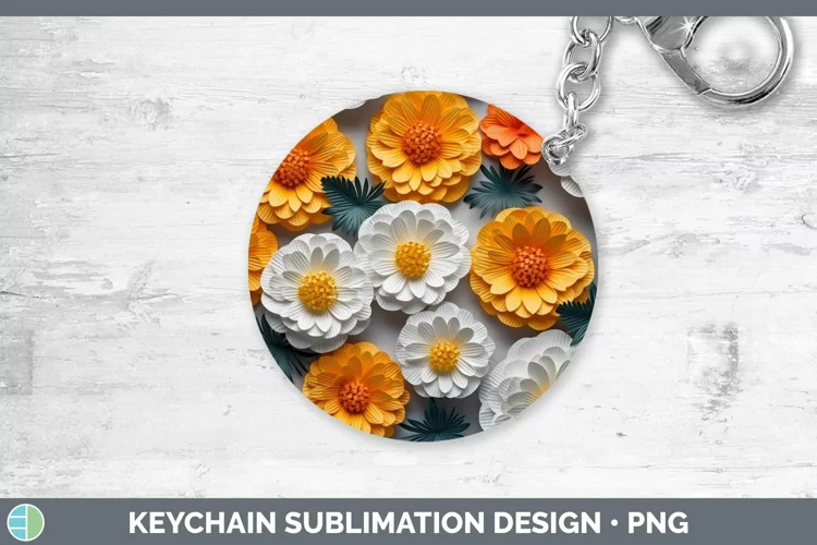 3D Paper Flowers Marigold Keychain Sublimation Keyring Desig