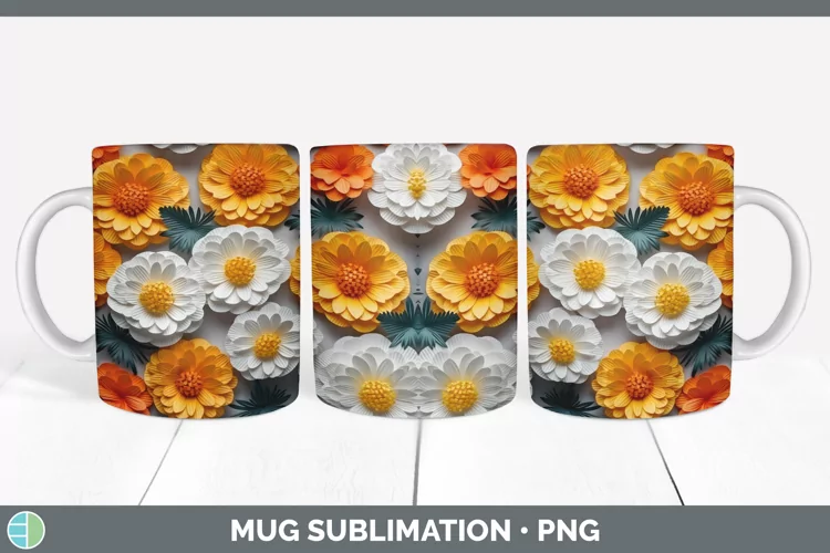 3D Paper Flowers Marigold Mug Wrap Sublimation Coffee Cup De