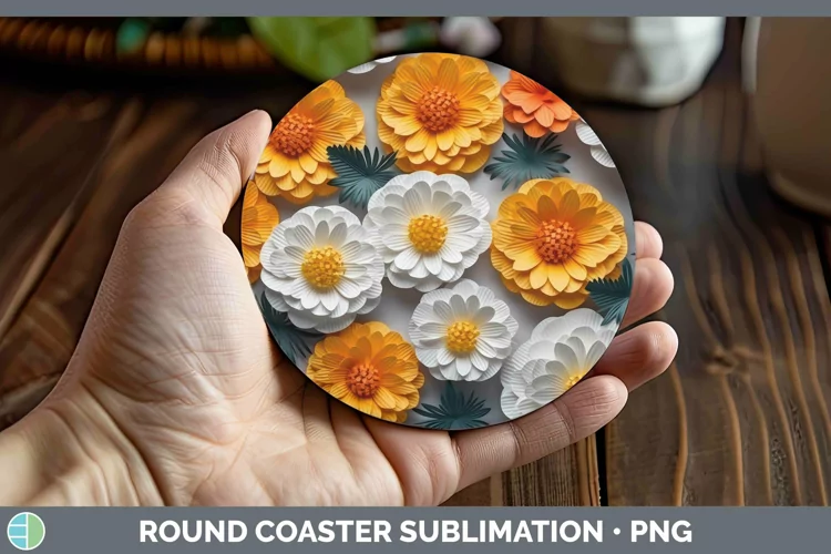 3D Paper Flowers Marigold Round Coaster Sublimation Coaster