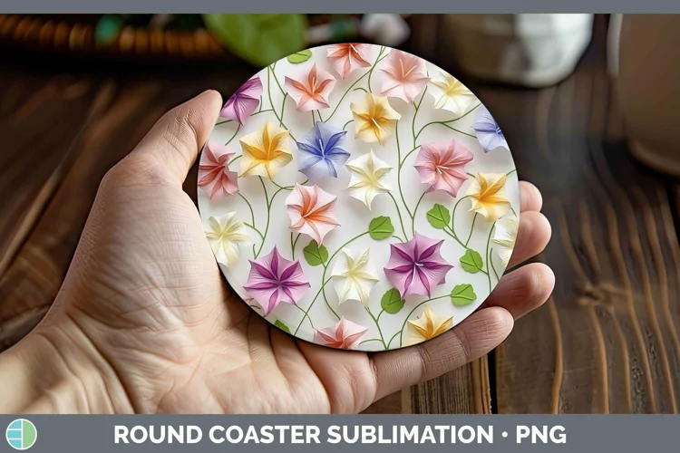 3D Paper Flowers Morning Glory Round Coaster Sublimation Coa
